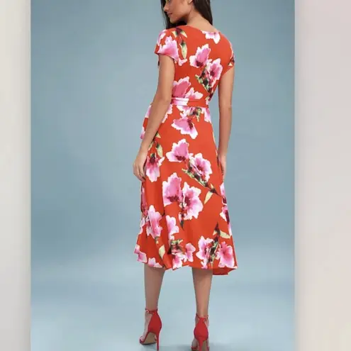NWT Lulus Have Love Will Travel Coral Red Floral Gauze Wrap Midi Dress Size XL