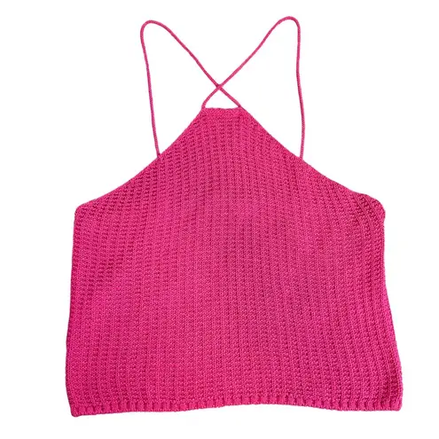 Mango MNG  Pink Crochet Knit Cropped Halter Tank Top Size Medium