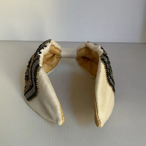 Hand Beaded Mexican Headband Beige Padded Turban Style Embroidered Boho NWT Gold