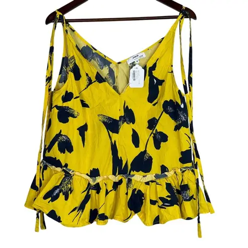 Jason Wu RTR Floral Sleeveless RuffleV Neck Top Tie Straps 10 Yellow Navy Blue