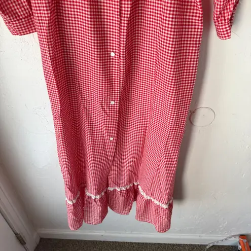 Vintage Katz Red Gingham Nightgown Ruffled Lace Trim Long Sleeve Cottage Prarie Size XL