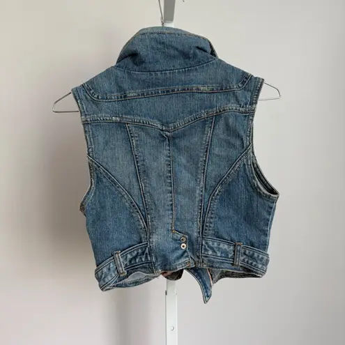 Mer Prim Denim Vest Y2k 90s S Blue Jean Sleeveless Shawl Collar Cropped Fitted