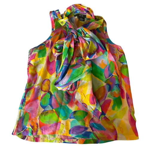 Per Se Per Se Silk Top Sleeveless Tie Neck Abstract Multicolor Blouse Women's 4 Tank