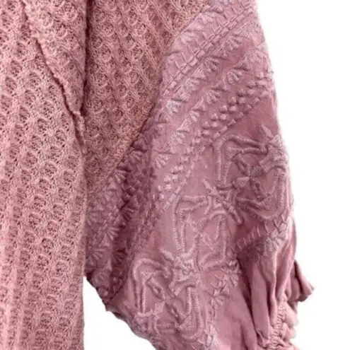In Loom Waffle Knit Top Mauve Embroidered Puff Sleeve