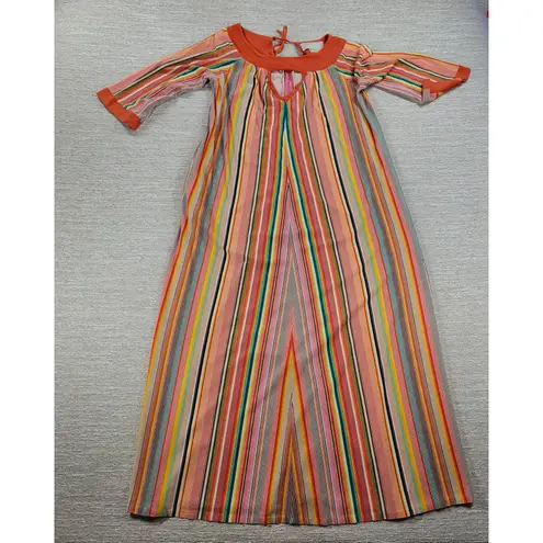 VTG Sears 70s Multicolor Striped House Coat Small Orange Robe Keyhole Back