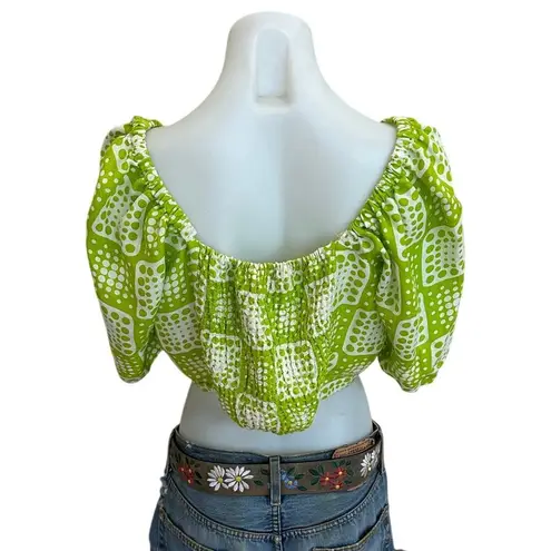 MISA Los Angeles The Odells Patchwork Crop Top LARGE Bright Green Smocked Linen Designer $148