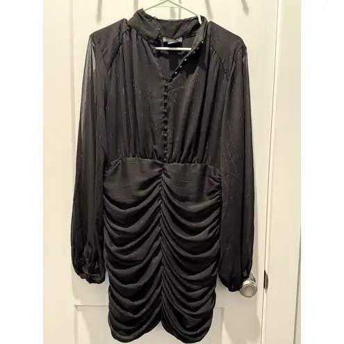House of Harlow 1960 Lurex Metallic Ruched Mini Black Sheer Sleeves Dress 10