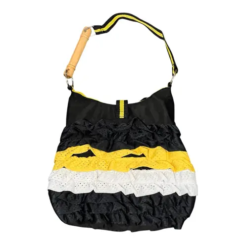 III Parcel Black Yellow Ruffle Jump Rope Floral Pin Handle Gym Couture Purse