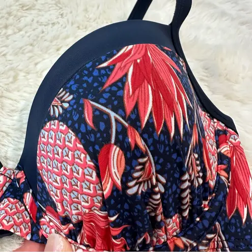Navy Red Pineapple Floral Print Molded Cup Bikini Top, 32D Blue Size undefined