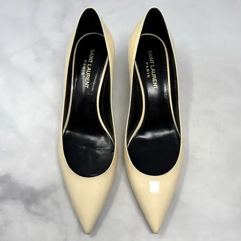 Saint Laurent Charlotte 55 Patent Leather Pointed Toe Kitten Heel Pumps Ivory - Image 5