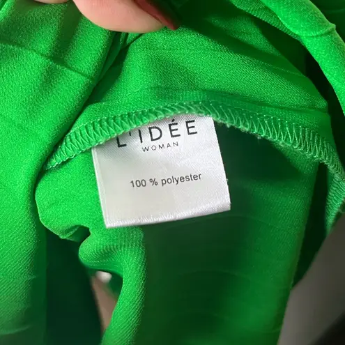 L’IDEE Bright Green Renaissance Mock Neck Pleated Satin Midi Dress Size 12