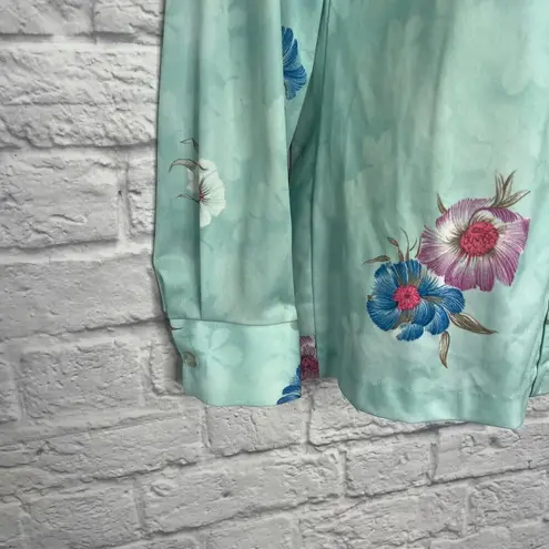 Vintage Nikki Button Down Blouse Teal Floral 70s Size M Long Sleeve Disco Blue Size M