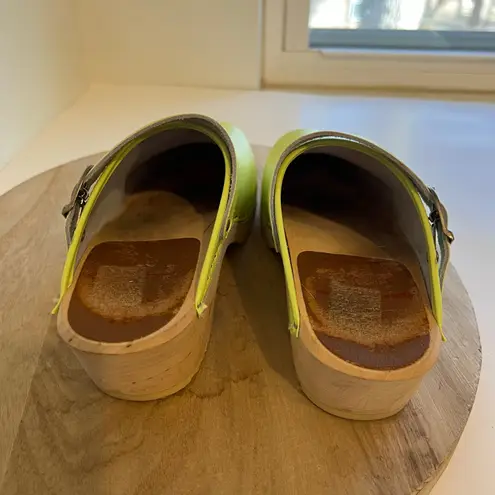 Handmade in Sweden Lime Green Genuine Leather Wooden Clog with Buckle Size 37