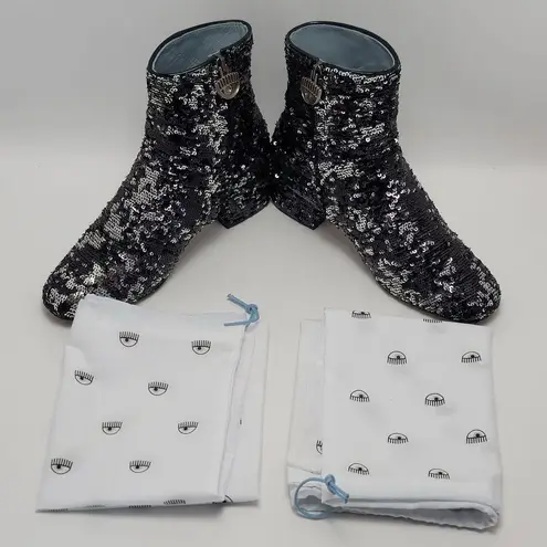 Chiara Ferragni Articolo Tomaia Black Sequin Glitter Ankle Boots Size 37