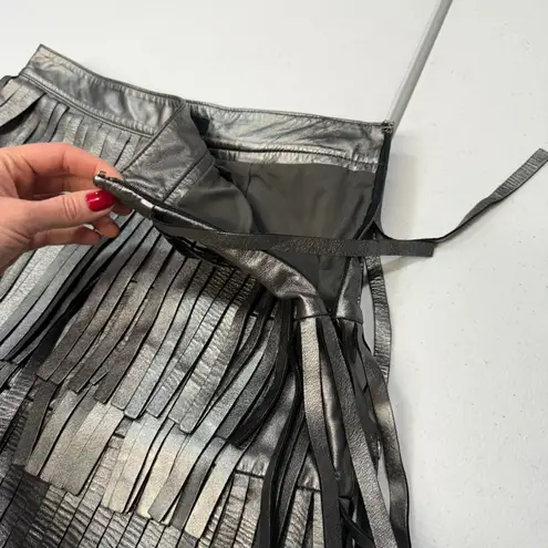 AllSaints Aisha Leather Fringe metallic mini Skirt Size 4 Silver