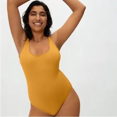 Everlane  Women sz S Marigold Yellow Square Neck One Piece Swim Cheeky Open Back