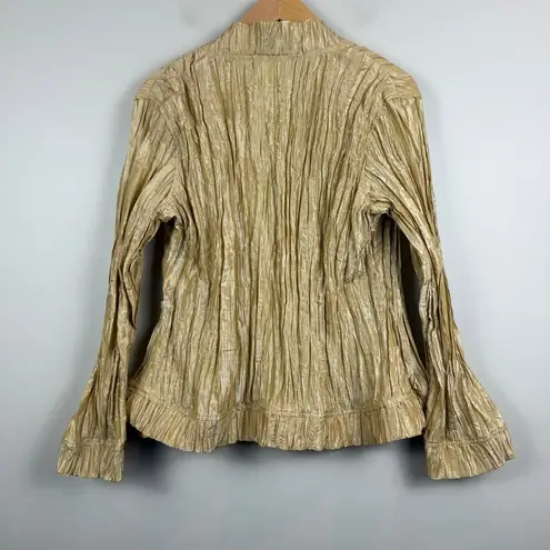 Chico's  Shirt Jacket Women's 2 US L Gold Pleated Crinkle Ruffle Open Front Retro