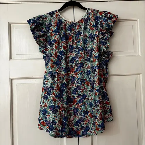 Perch Blu Pepper Size 2X Shirt Blue Ruffled Relaxed Blouse Floral Print Plus‎ Sz