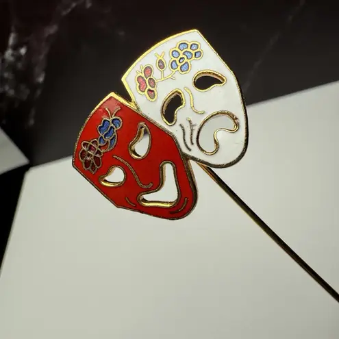 Comedy Tragedy Drama Mask Lapel Stick Pin Gold Tone Enamel White Red