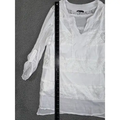 Women White Floral Lace Shirt Large V Neck Roll Tab Sleeve Boho Romantic Coastal