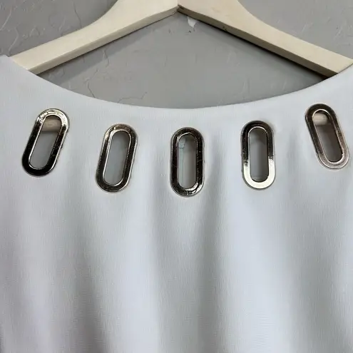 Joseph Ribkoff Dress Womens 14 White Sheath Grommet Neck Ruched Elegant Evening