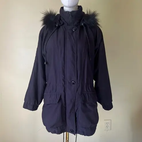 Vintage Jacqueline Ferrar Black Parka Coat Real Fox Fur Trim Hood XS Petite 90s
