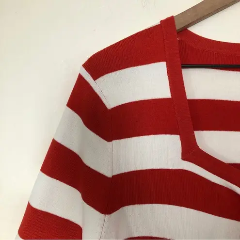 Kenar Red and White Striped Square Neck 3/4 Sleeve Corset Tie Knot Sweater Top