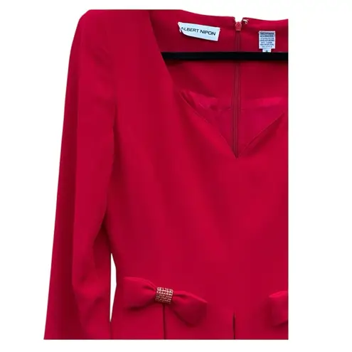 Albert Nipon Vintage Red Rhinestone Bow Evening Cocktail Holiday Dress As Is 8