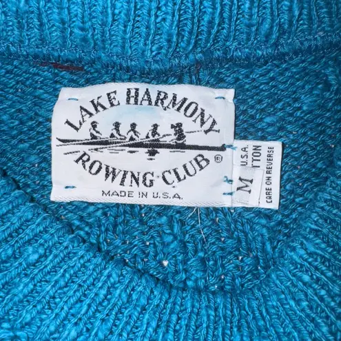 Lake Harmony Rowing Club Blue Cotton Cable Knit Sweater Medium Vintage Made USA