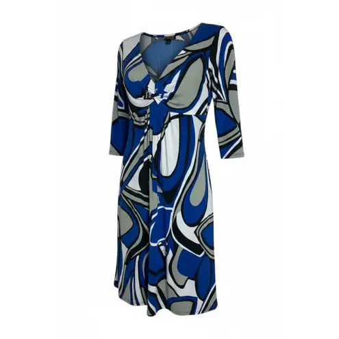 Bisou Bisou M Midi Dress Blue Gray White Stretch Abstract Print Modern Artsy