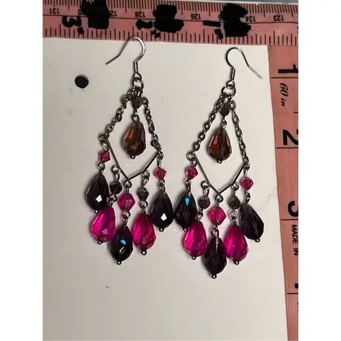 Pink & Purple Crystal Chandelier Drop Earrings French Hooks Pierced Ears Women Purple
