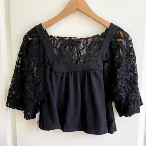 Free People  Black Lace Top XS Boho Flowy Boxy
