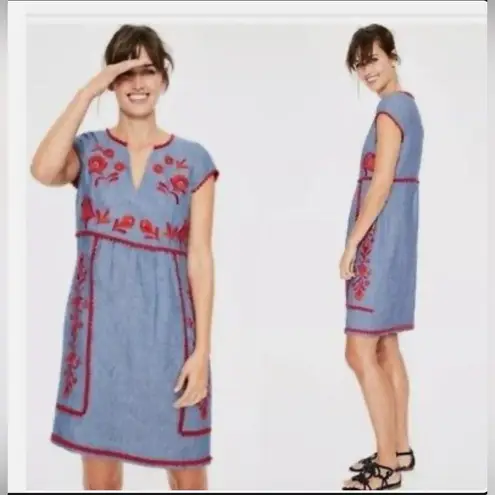 Boden USA Boden Embroidered Linen Shift Short Sleeve Dress