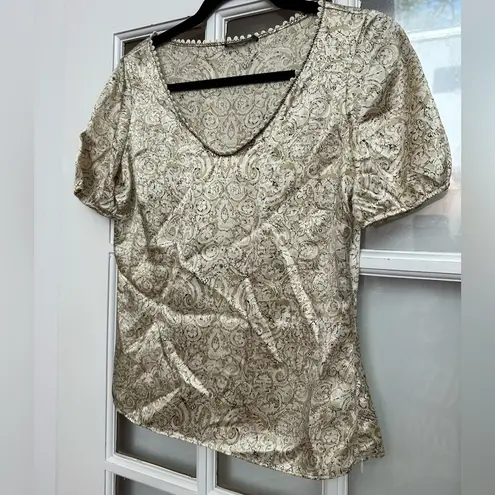 Josie Natori 100% Silk Cream & Gold Puff Sleeve Scalloped Neck Blouse Size XS