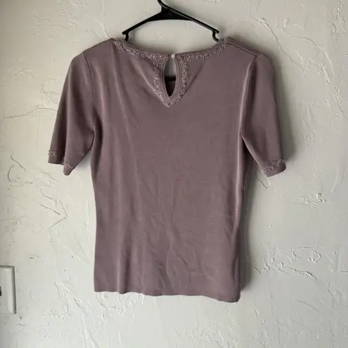 Sweater Vintage 90s Small Purple Silk Floral Embroidered Beaded Knit Top Fairy