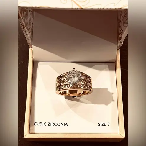 Charter Club NEW SOLITAIRE RING SZ 7 Crystal 3-Row Fine Gold Plate Macys Boxed