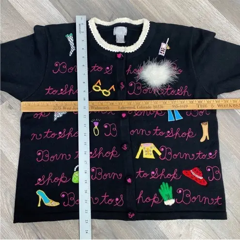 Berek Vintage 90s Born To Shop Embroidered Appliqué Cardigan Sweater Black XL Black