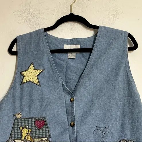 Vintage Animal Arc Embroidered Whale Elephant Giraffe Lion Denim Vest Novelty Blue Size M