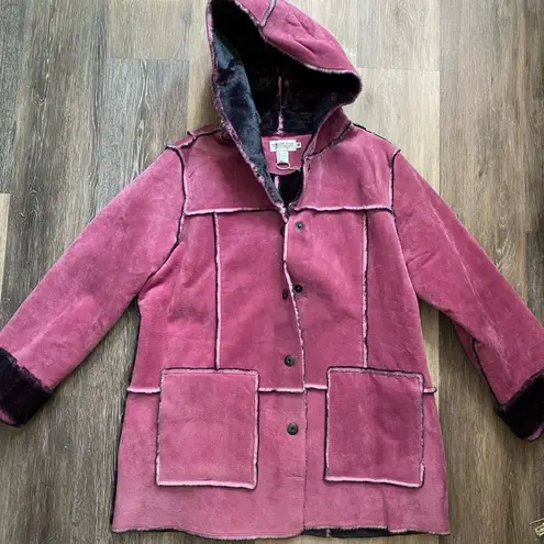 Newport News Vintage Y2K Leather Fur Lined Pink Hooded Winter Coat 1X Coquette Scandigirl