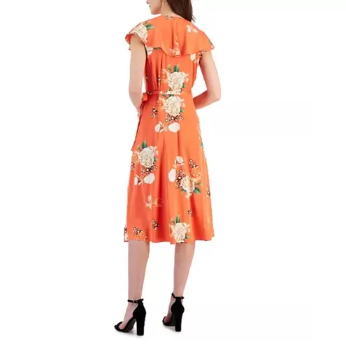 INC International Concepts Women’s Side Tie Wrap Dress Floral Satin Size Large Orange