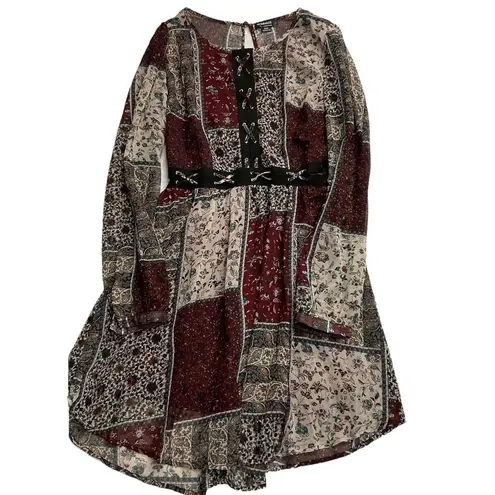Hommage Women's Patchwork Long Sleeve Mini Dress Size Medium Red Black Tan