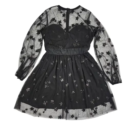 Women Sequin Star Print Black Tulle Dress Mesh See