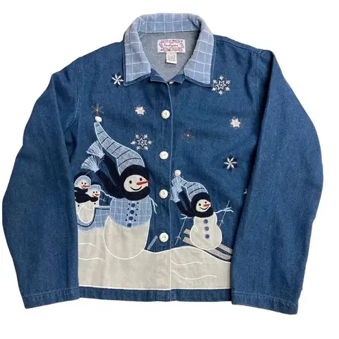 TANTRUMS Women’s Vintage Denim Winter Snowman Jacket Blue White Size Large Blue