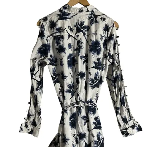 Osman Suzie White Floral Print Long Sleeve Tie Waist High Low Shirt Dress Sz 12