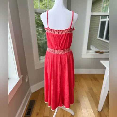 Vintage 70’s 80’s Ginger Snaps Coral Red White Terrycloth Dolphin Hem Midi Dress