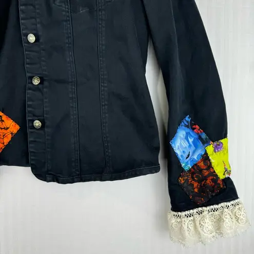 Ami Black Jacket Size Large Handmade Halloween Quilt Patches Lace Ruffle Vintage