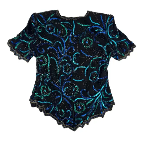Laurence Kazar Vintage Beaded Silk Black And Blue Shirt Size Extra Small - Small