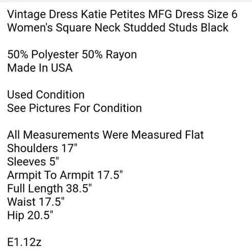 Katie Petites MFG Vintage Dress Dress Size 6 Women's Square Neck Studded Studs Black