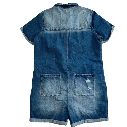 Big star Maddie Denim Shorts Romper Button Up One Piece Distressed Size L NWT