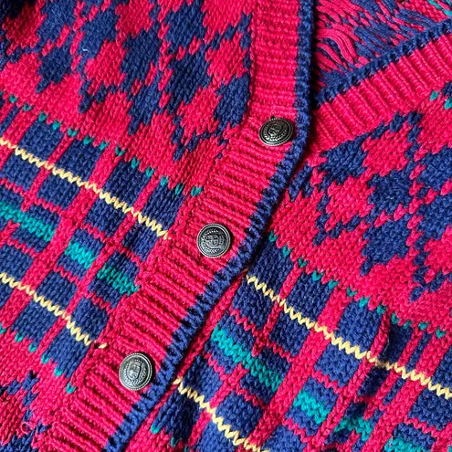 Countryside Classics vintage Red and blue plaid and argyle knit cardigan. Medium